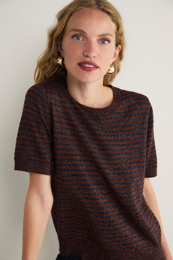 Fleur Short Sleeve Tee - Cognac/Midnight Metallic Stripe