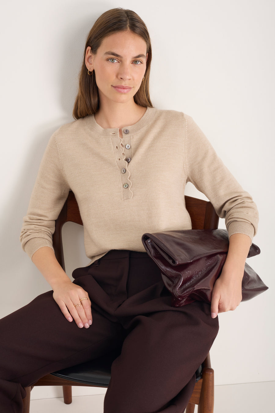 Fleurine Scallop Henley Jumper - Taupe