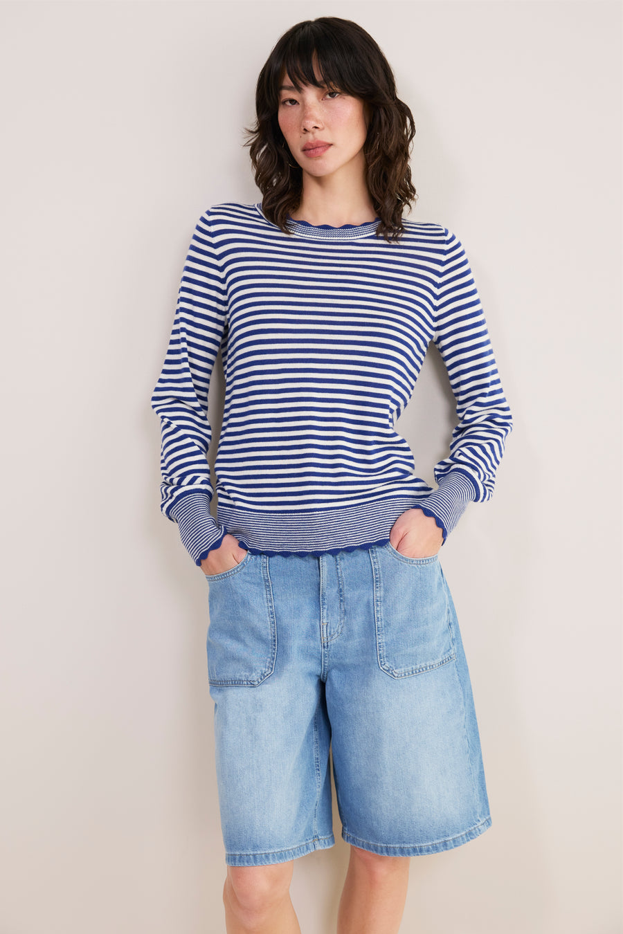 Fleurine Scallop Jumper - Midnight/Ivory Micro Stripe