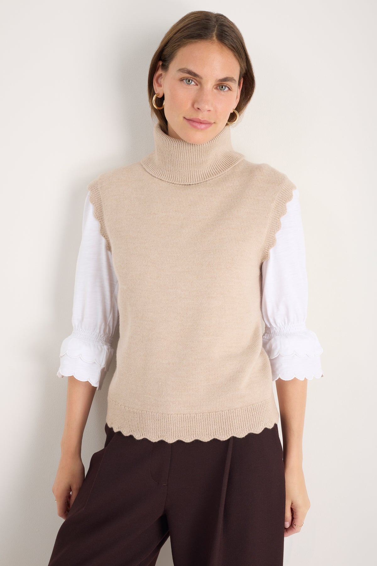 Fleurine Scallop Roll Neck Tank - Oat Marl