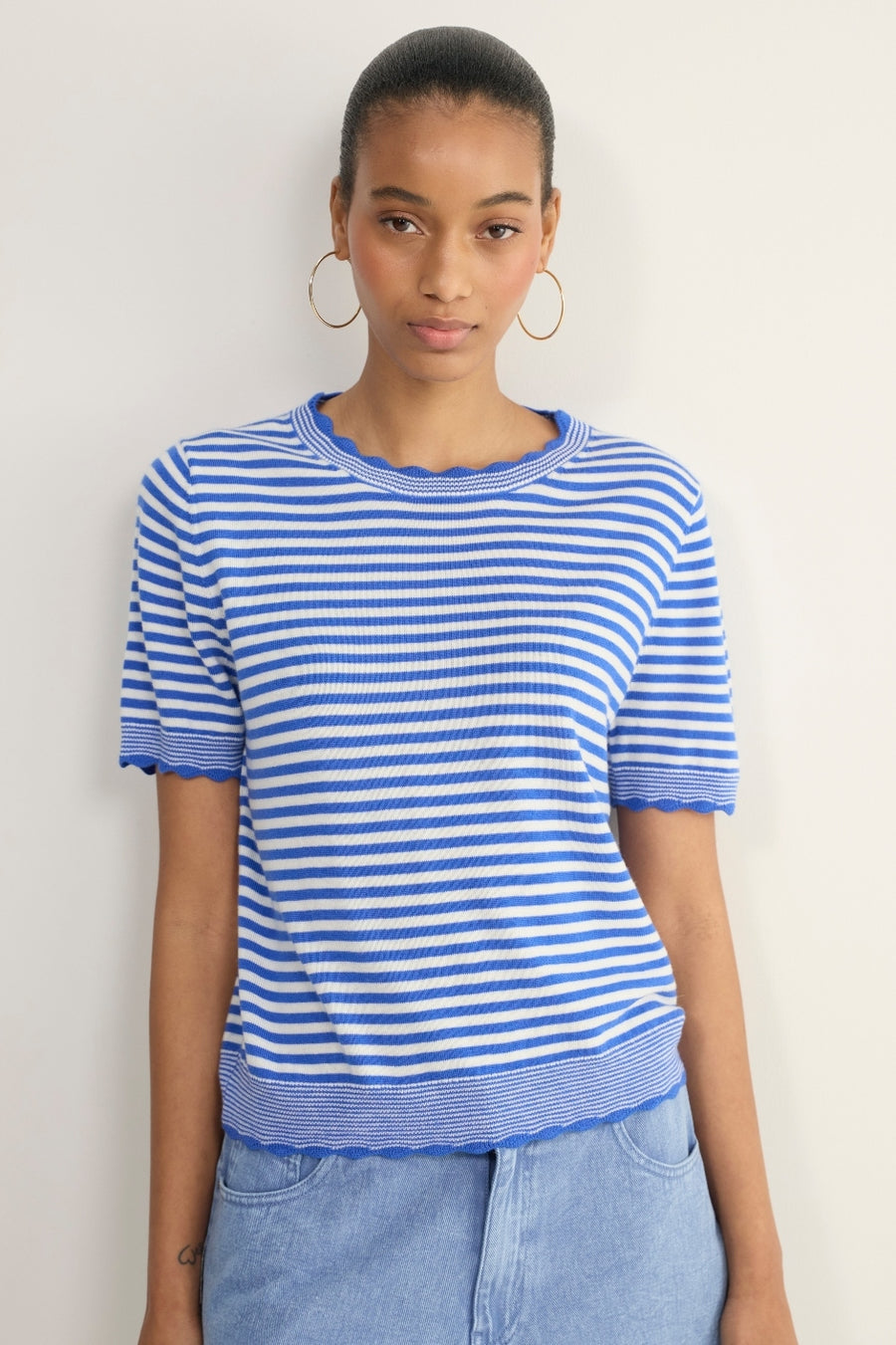 Fleurine Short Sleeve Tee - Chambray Blue/Ivory Micro Stripe