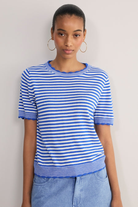 Fleurine Short Sleeve Tee - Chambray Blue/Ivory Micro Stripe