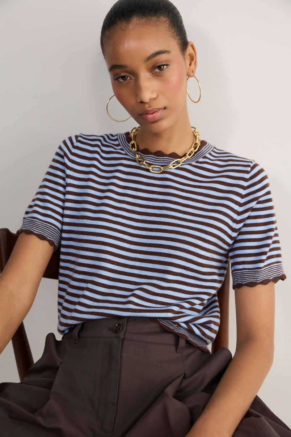 Fleurine Short Sleeve Tee - Cocoa/Sky Blue Micro Stripe