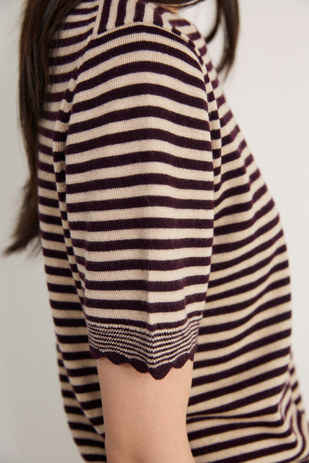 Fleurine Short Sleeve Tee - Oat/Aubergine Micro Stripe