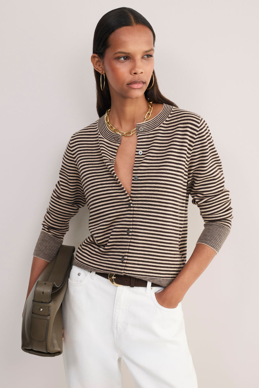 Flora Cardigan - Oat/Chocolate Stripe
