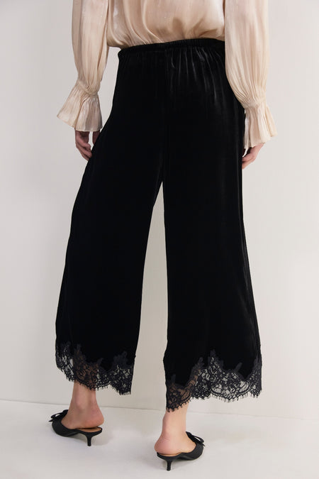 Florence Silk Velvet Lace Trim Trouser - Black