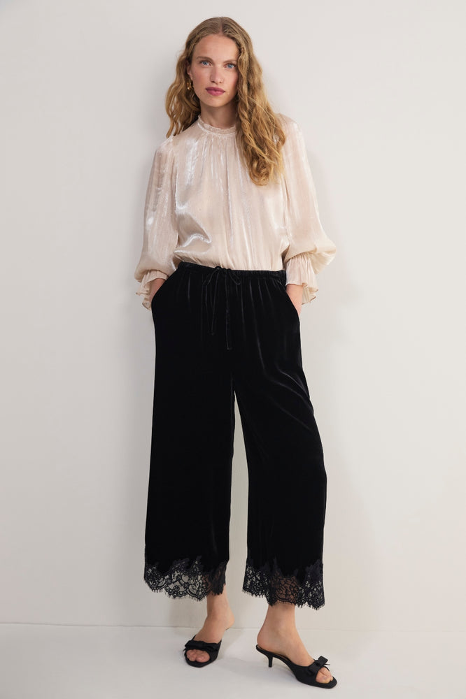 Florence Silk Velvet Lace Trim Trouser - Black