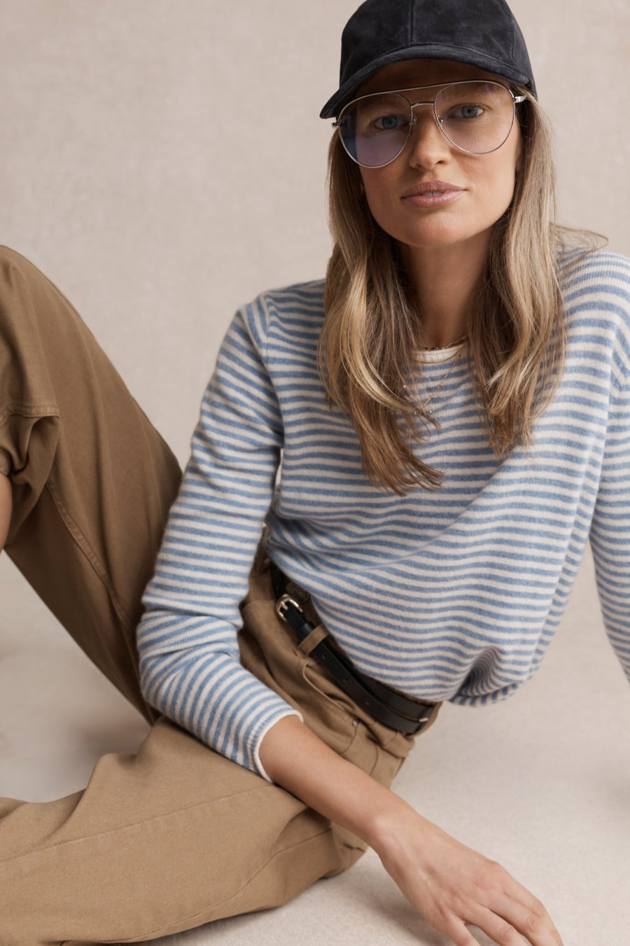 Chrissie Cashmere Jumper - Chambray Blue/Ivory Micro Stripe