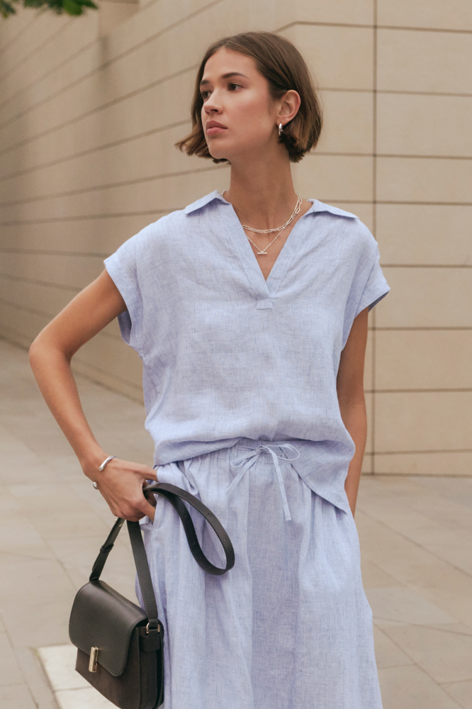 Marina Linen Top - Blue/Ivory Stripe