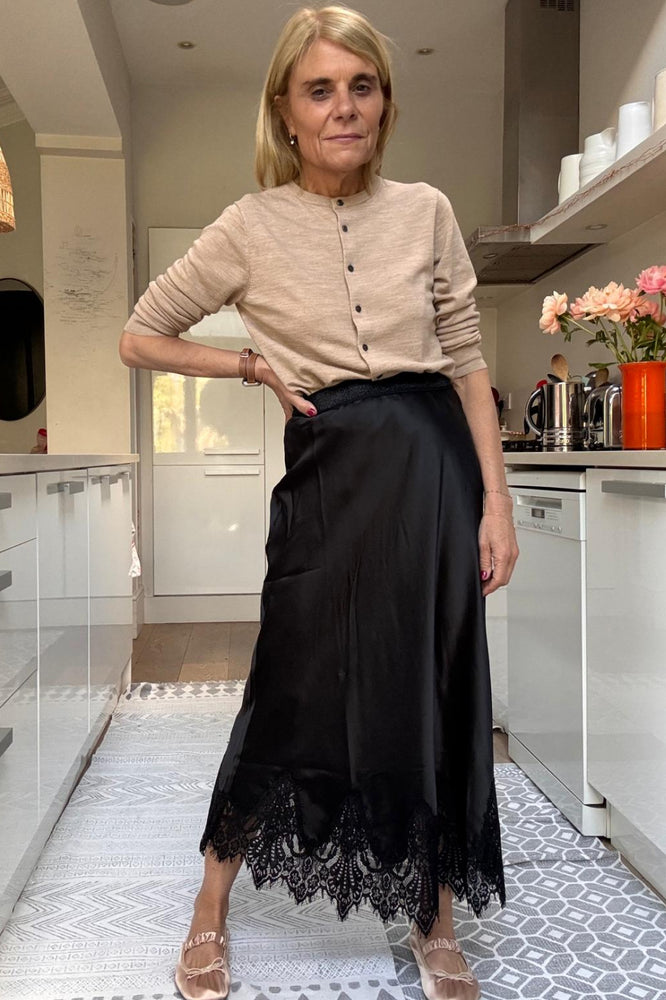 Ella Silk Lace Trim Skirt - Black