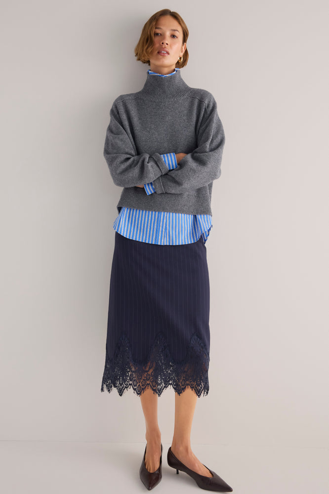 Lani Lace Trim Skirt - Navy Pinstripe