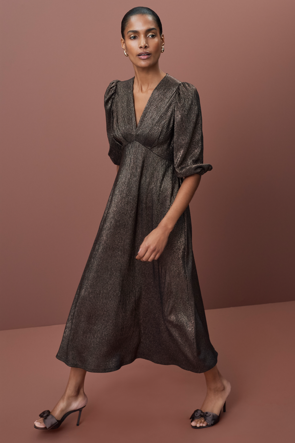 Caley 3/4 Sleeve Dress - Cocoa Metallic