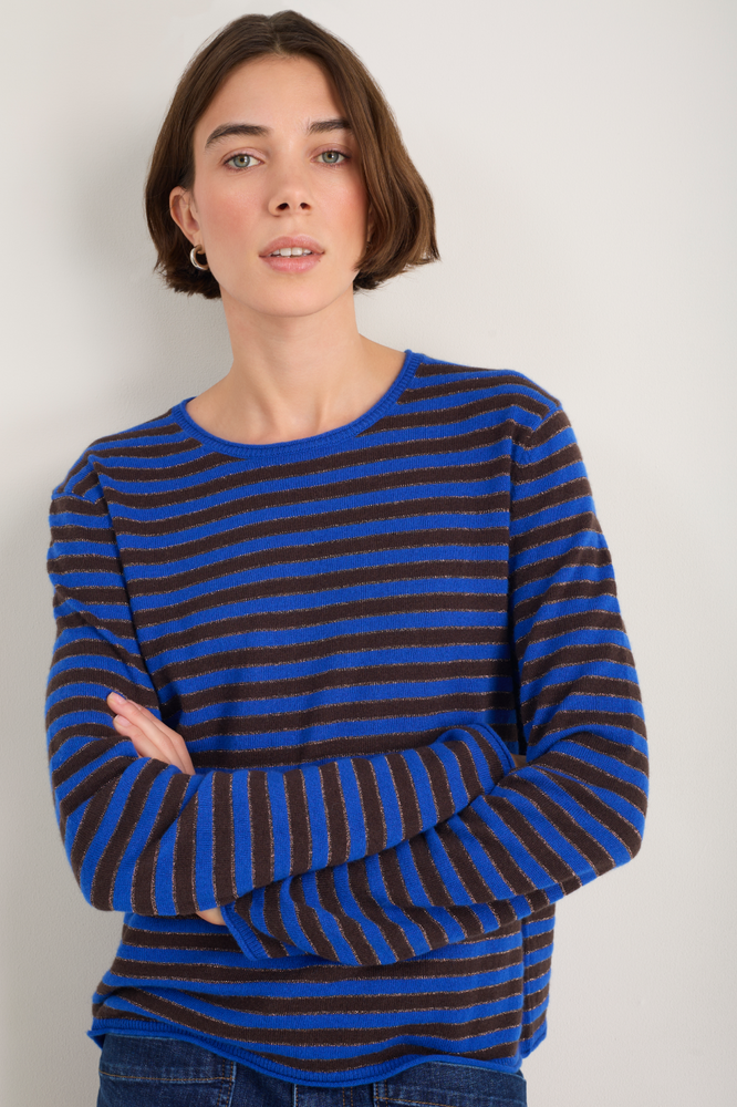 Chrissie Cashmere Jumper - Cobalt/Chocolate/Metallic Stripe