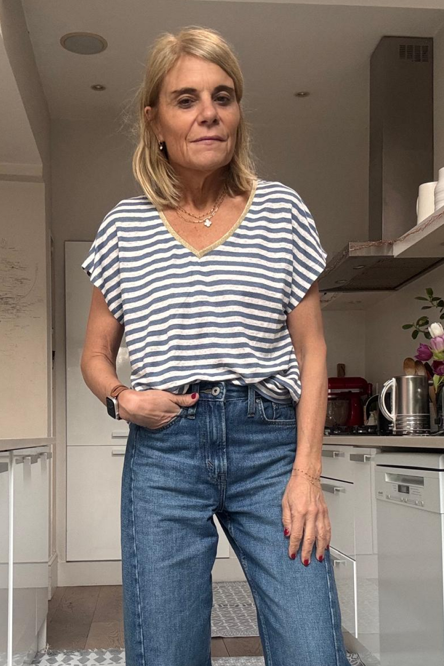 Chiara Linen V Neck Tee - Denim Blue/Ivory Stripe