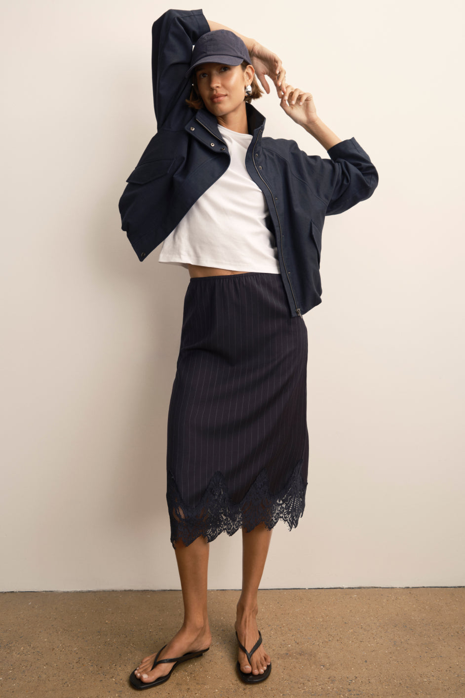 Lani Lace Trim Skirt - Navy Pinstripe
