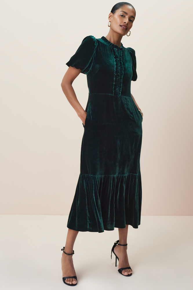 Celeste Silk Velvet Dress - Evergreen