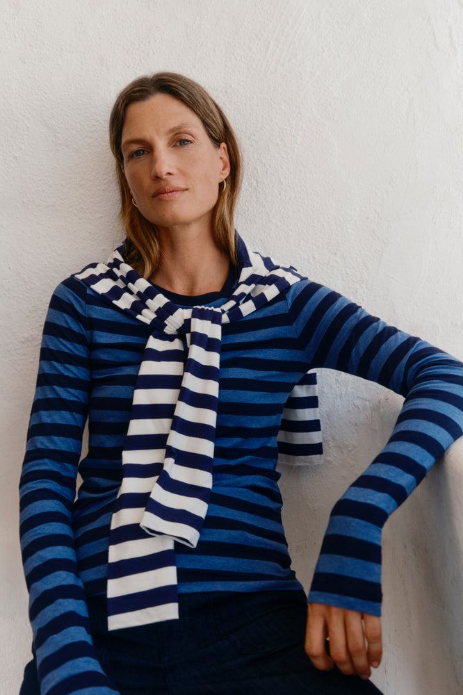 Marnie Long Sleeve Jersey Top - Midnight/Denim Blue Stripe