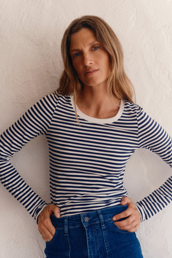 Marnie Long Sleeve Jersey Scoop Top - Midnight/Ivory Stripe