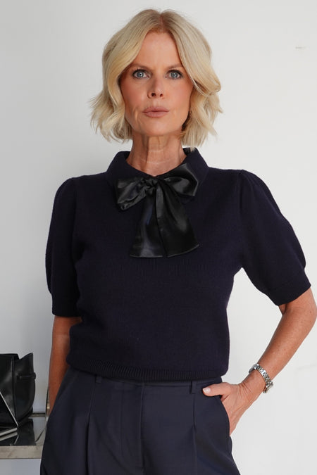 Cath x WYSE Gabrielle Tie Knit Top - Midnight