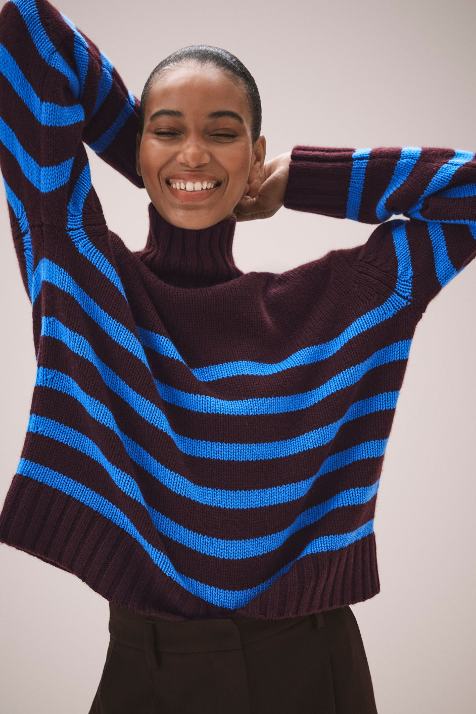 Liana Chunky Funnel Neck Jumper - Brown/Cobalt Stripe