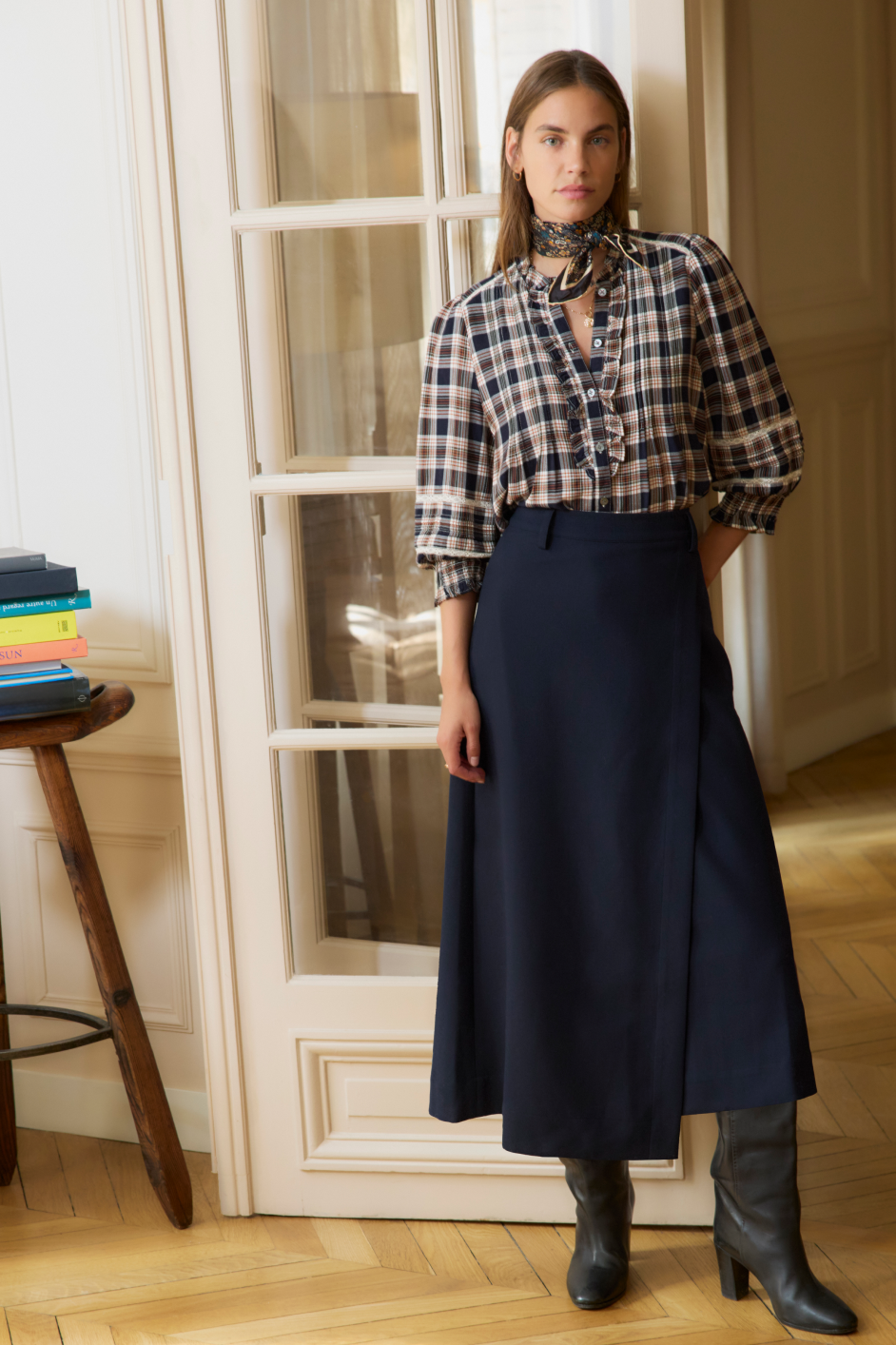 Riley Blouse - Tan/Midnight Check