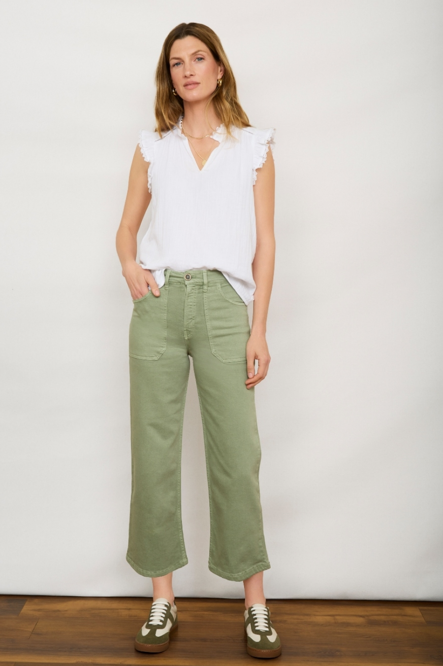 Flossie Carpenter Flare Cropped Jean - Sage Green