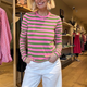 Marnie Long Sleeve Jersey Top - Sorbet Pink/Peridot Green Stripe