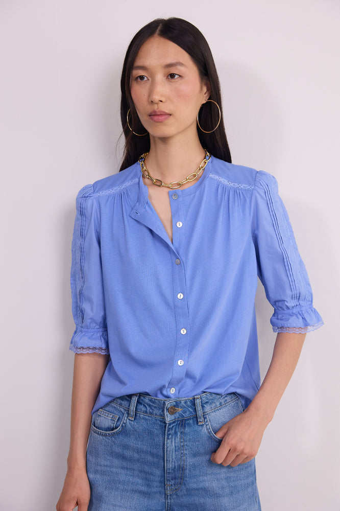 Juliette Lace Trim Jersey Mix Blouse - Blue
