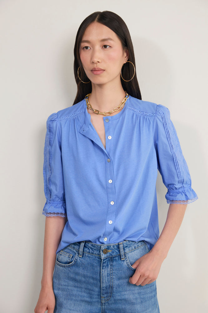 Juliette Lace Trim Jersey Mix Blouse - Blue