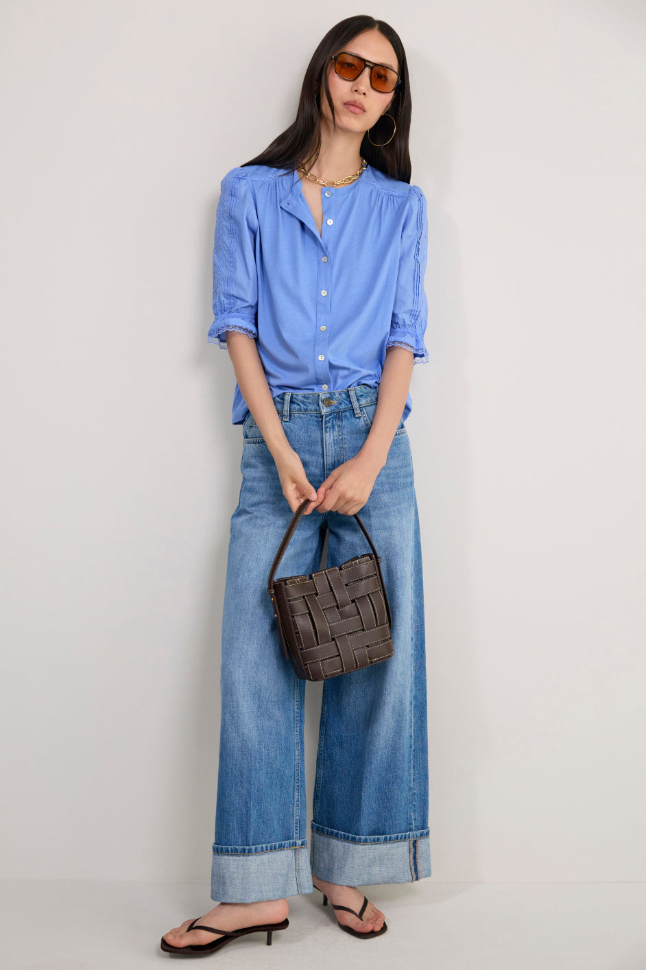 Juliette Lace Trim Jersey Mix Blouse - Blue
