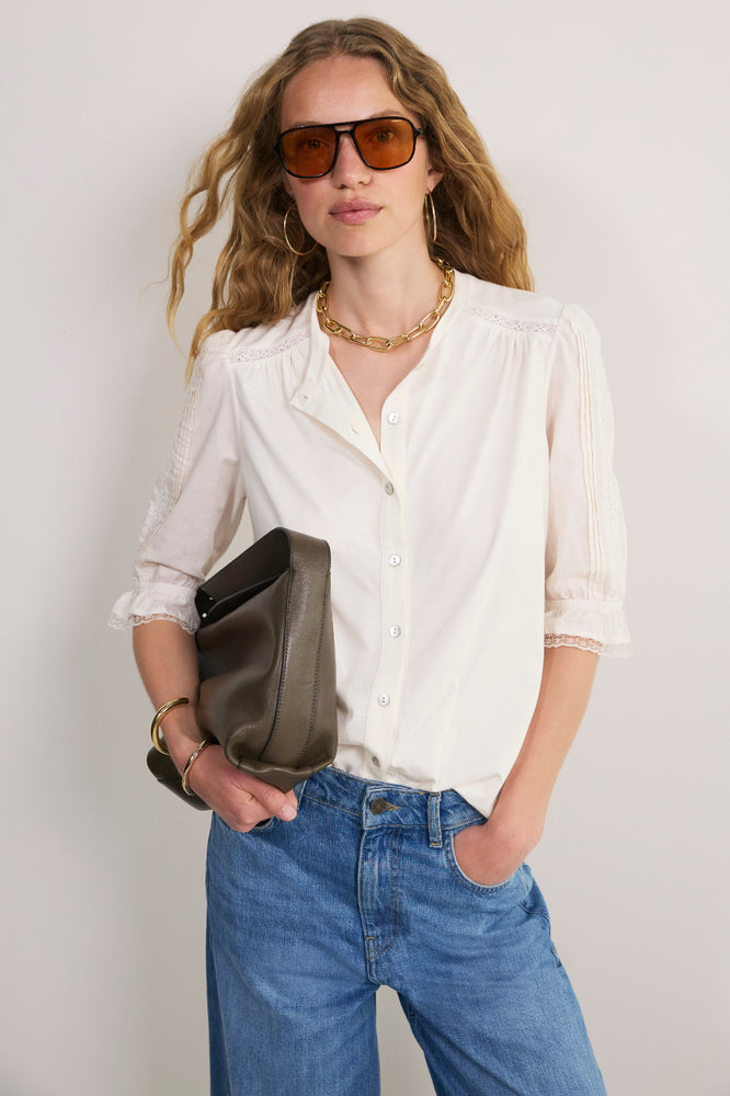 Juliette Lace Trim Jersey Mix Blouse - Ivory