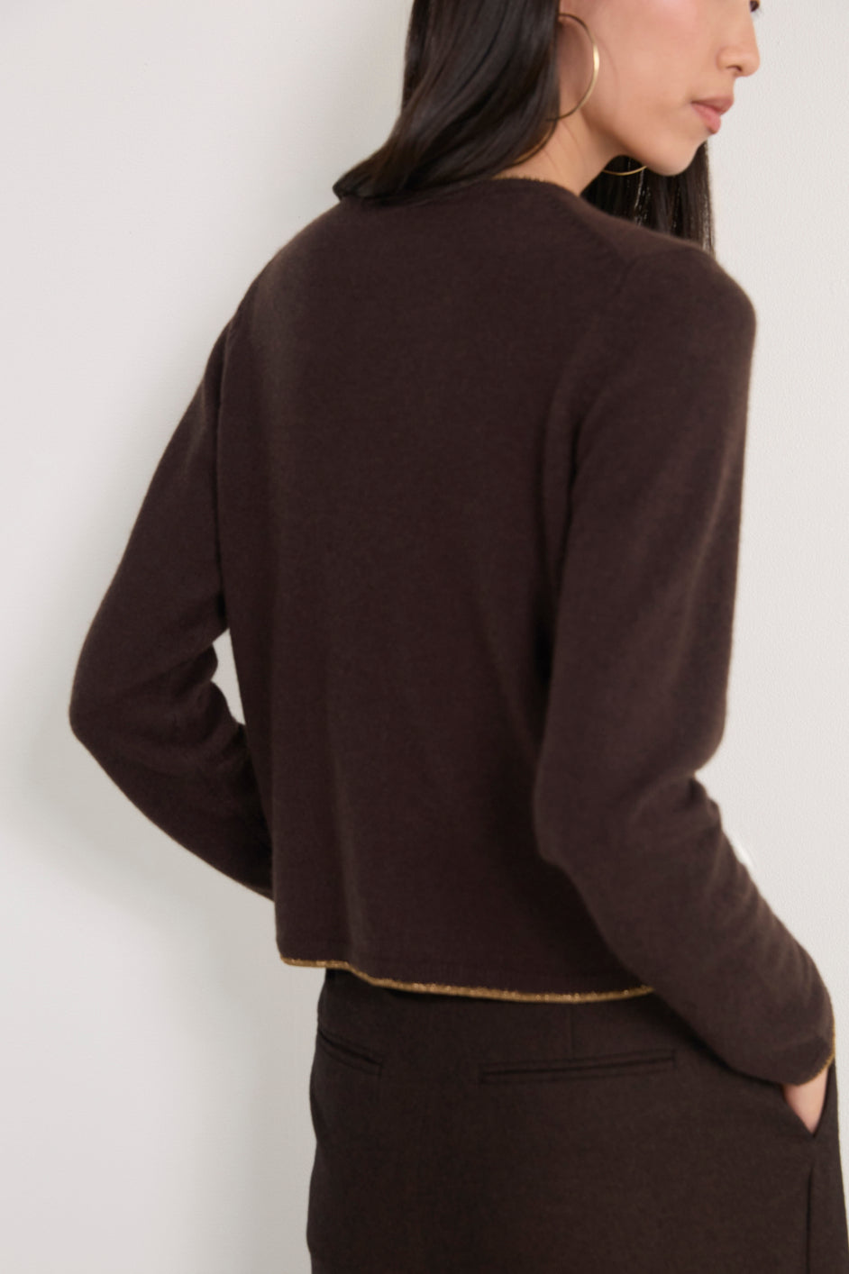Katie Cashmere Cardigan - Chocolate Metallic Trim