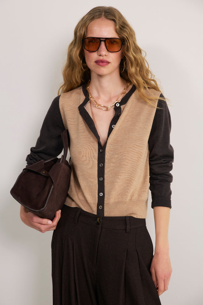 Katie Merino Cardigan - Chocolate/Oat Colourblock