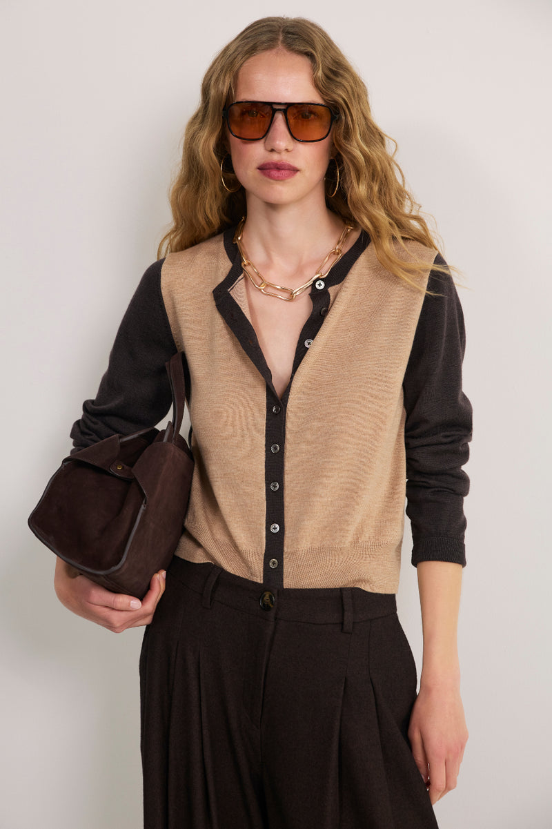 Katie Merino Cardigan - Chocolate/Oat Colourblock