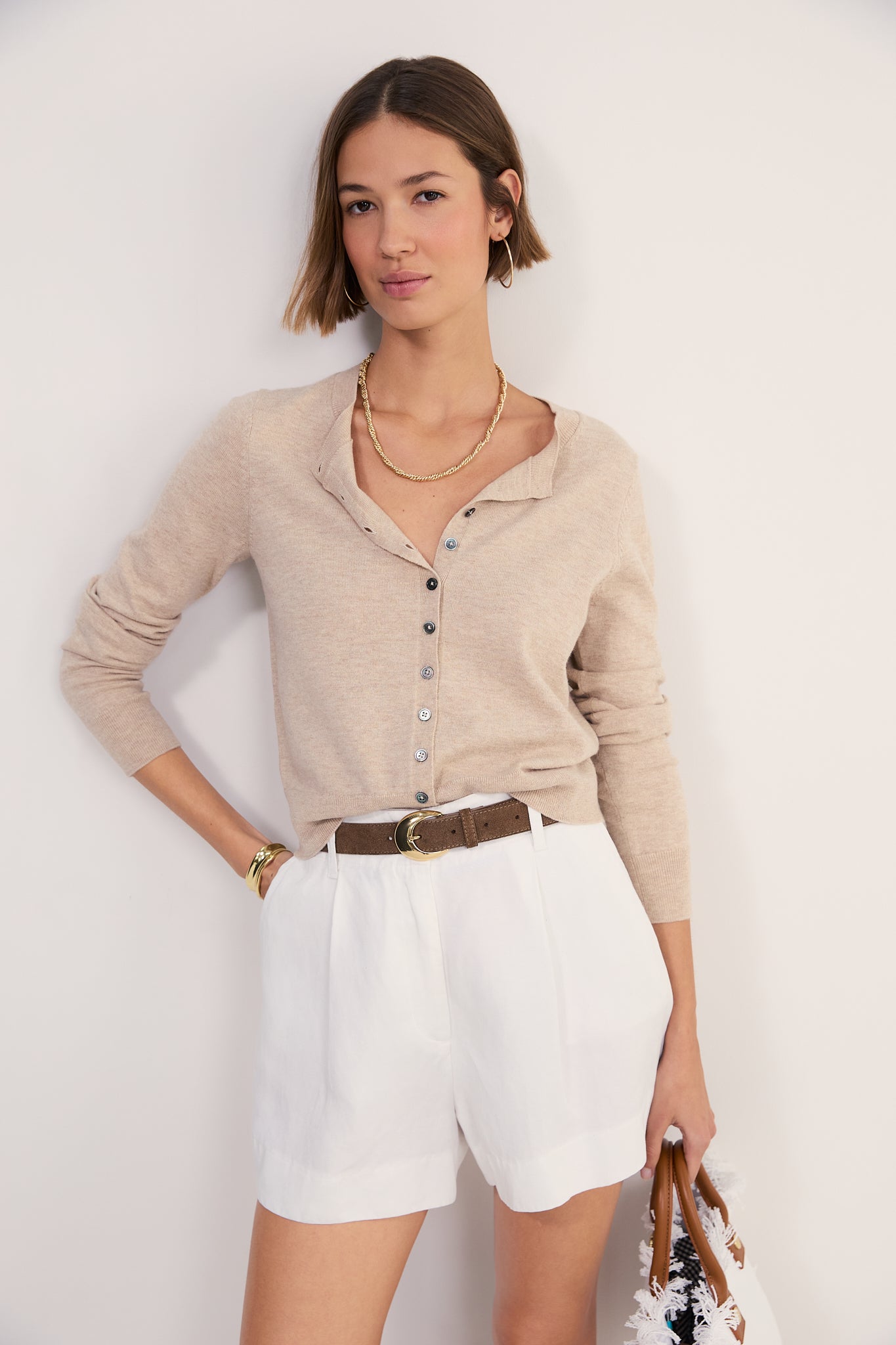 Katie Wool Cotton Cardigan - Taupe Marl