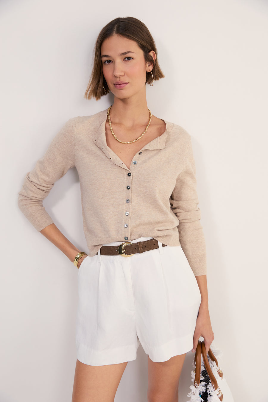 Katie Wool Cotton Cardigan - Taupe Marl