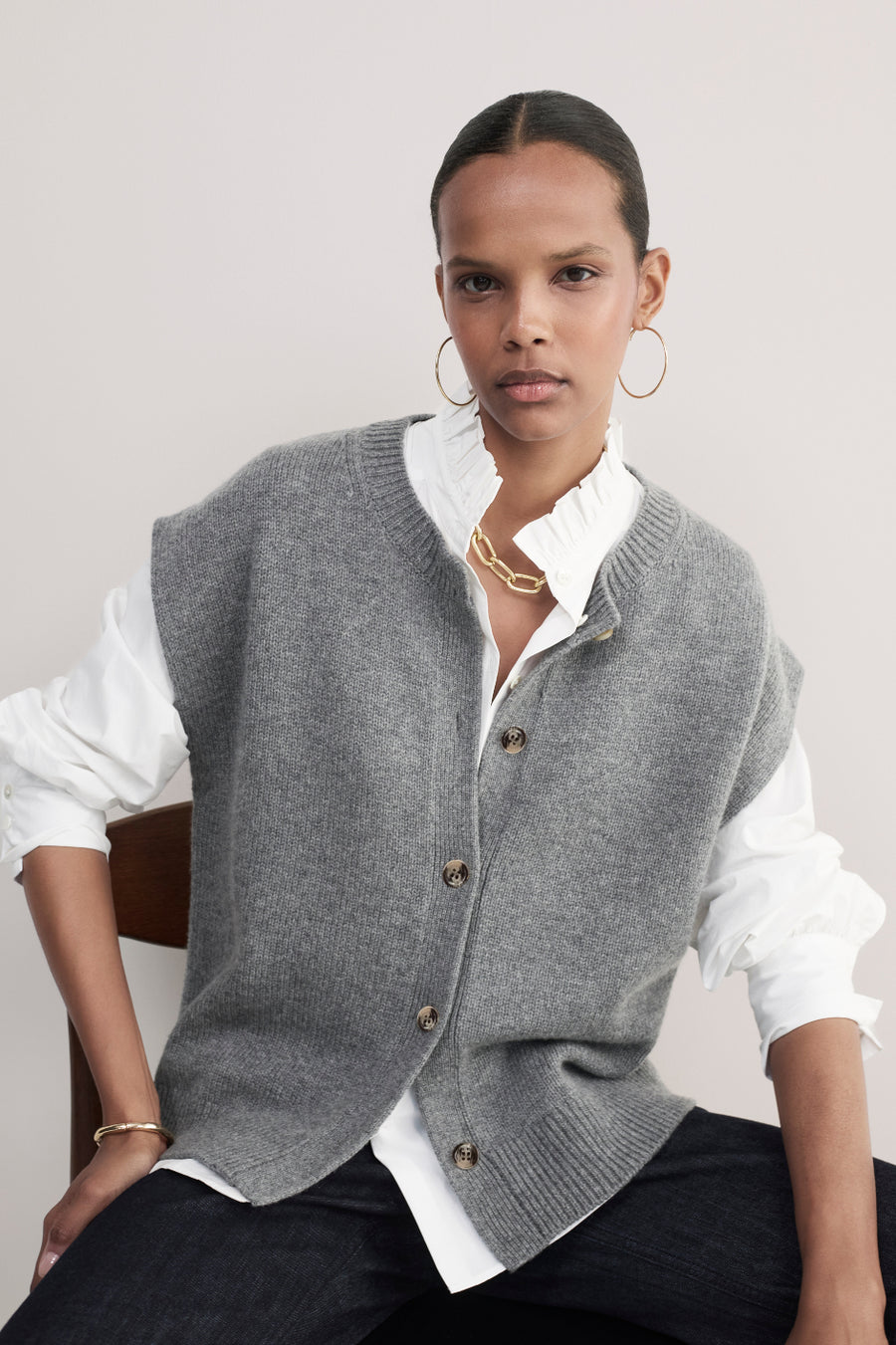 Klara Button Through Tank - Mid Grey Melange