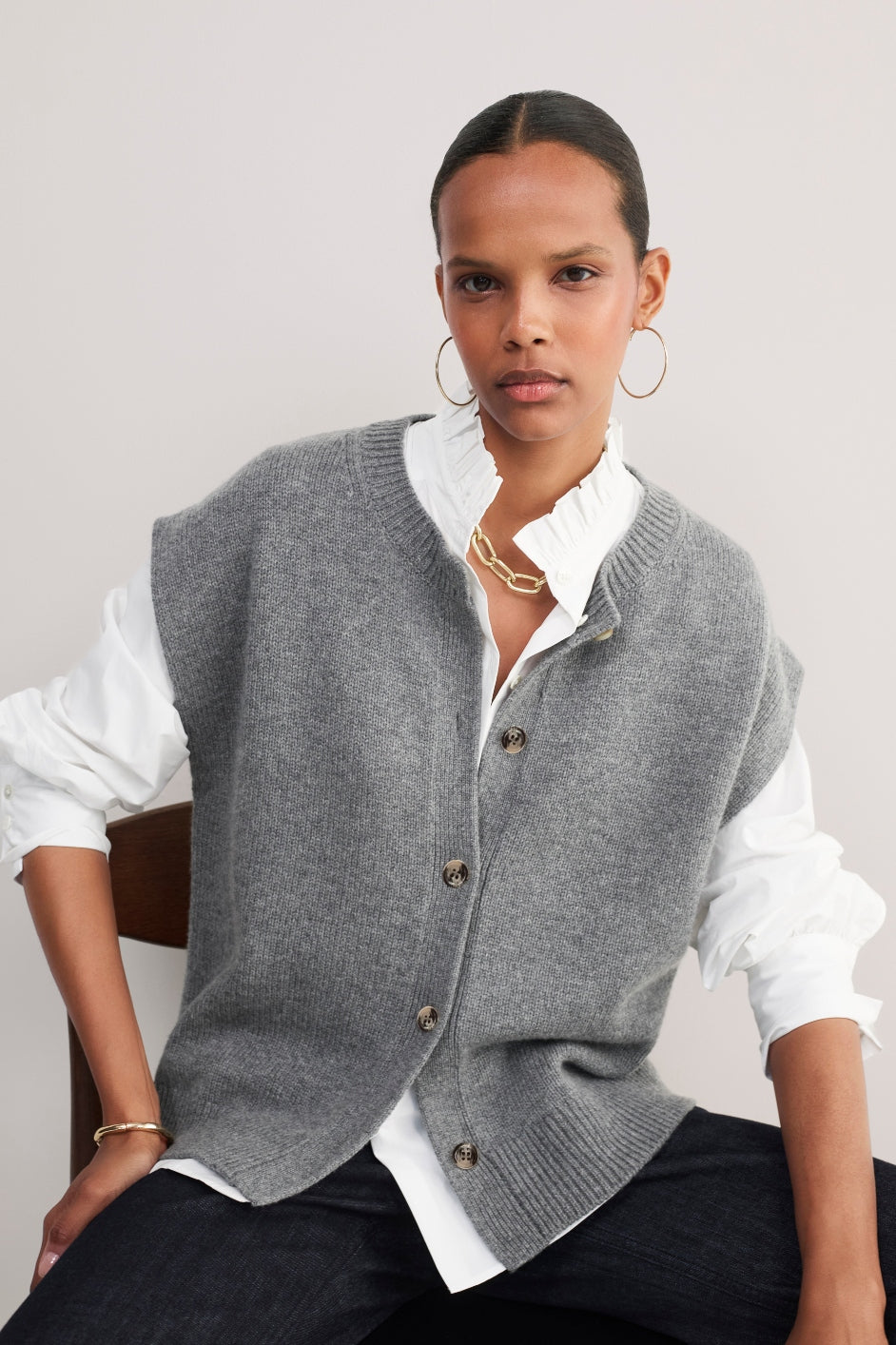 Klara Button Through Tank - Mid Grey Melange