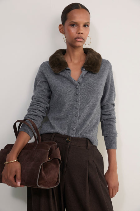 Lana Fur Collar Cardigan - Mid Grey Melange