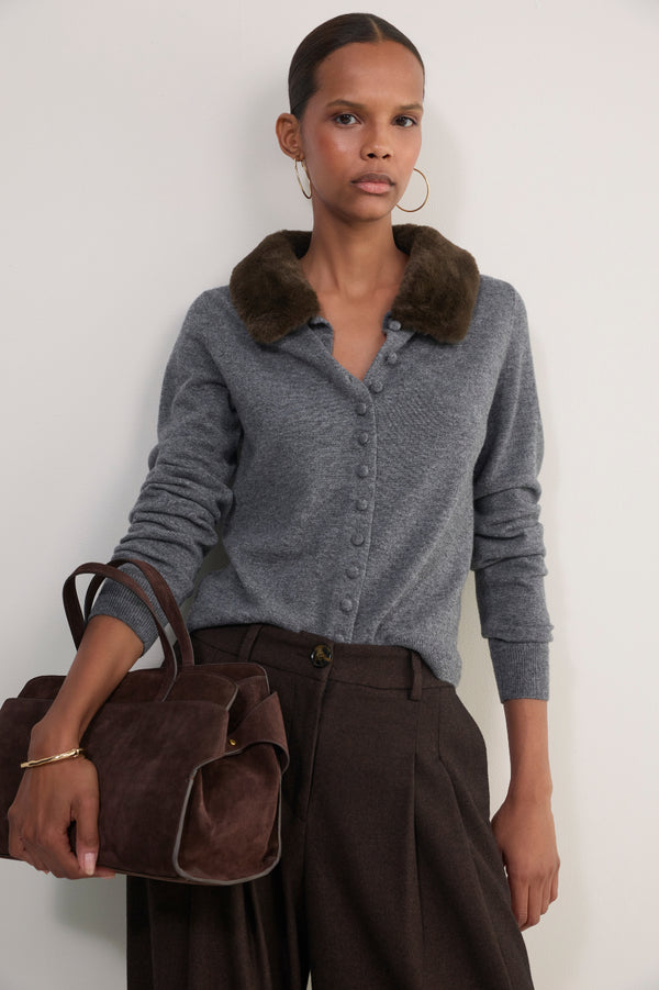 Lana Fur Collar Cardigan - Mid Grey Melange