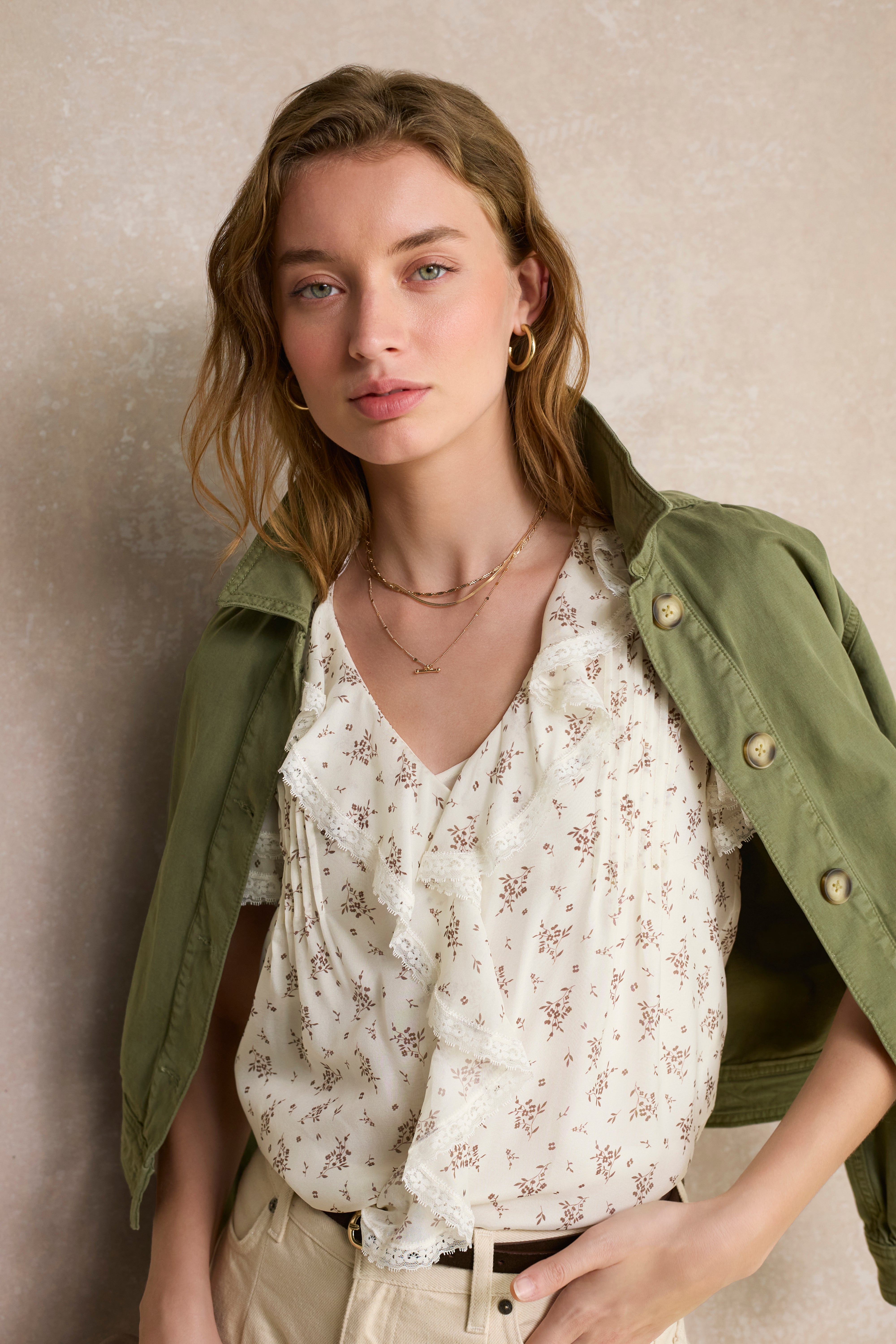 Laurent Flutter Sleeve Silk Blouse - Ivory Sprig Floral