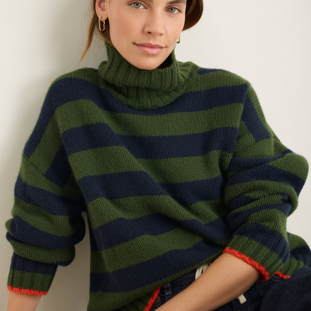 Liana Chunky Funnel Neck Jumper - Midnight/Military Green Stripe