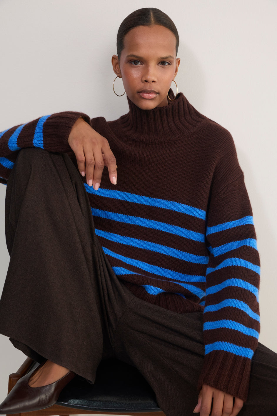 Liana Chunky Funnel Neck Jumper - Brown/Cobalt Stripe