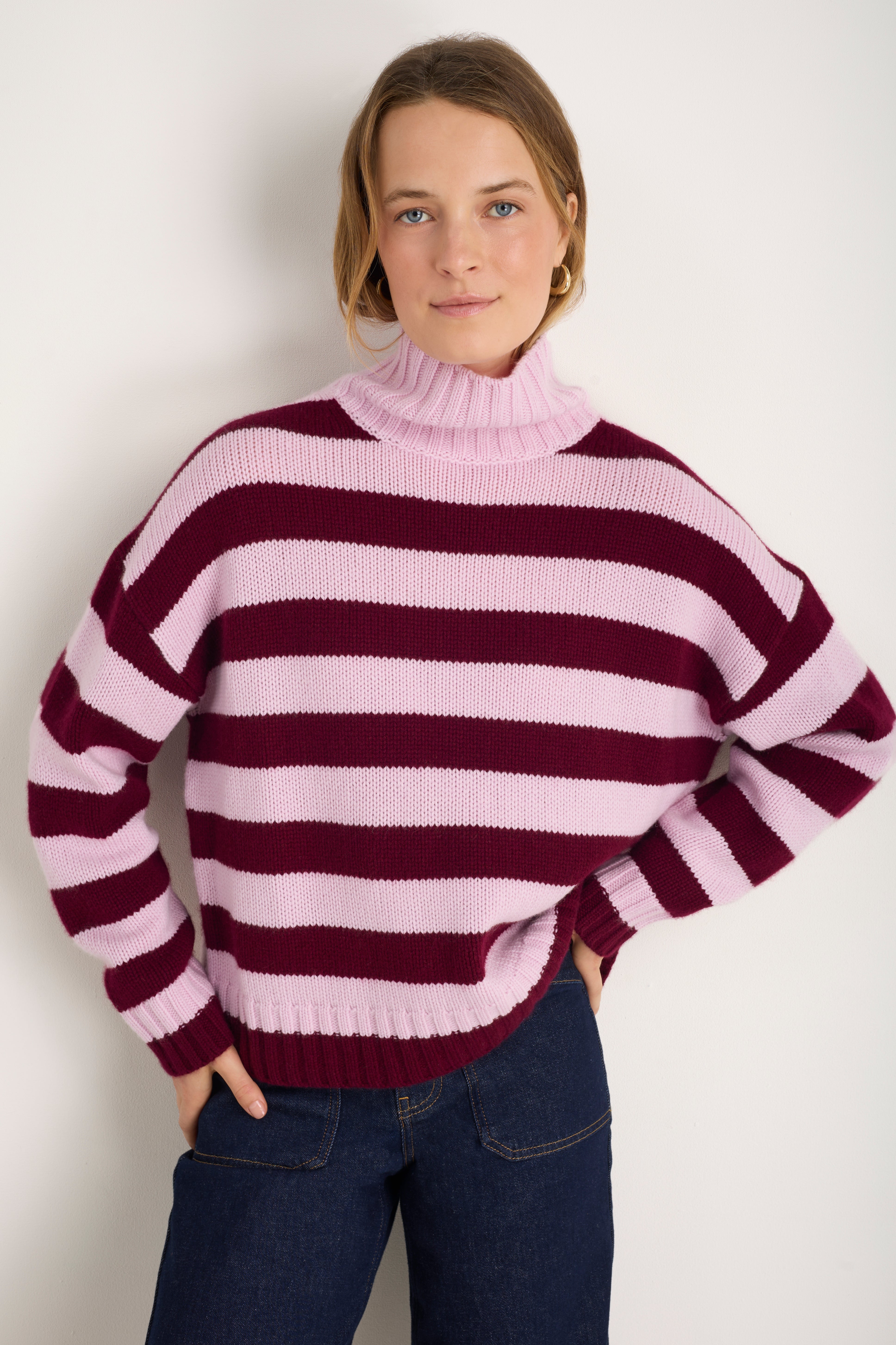 Liana Chunky Funnel Neck Jumper - Deep Fig/Blossom Pink Stripe
