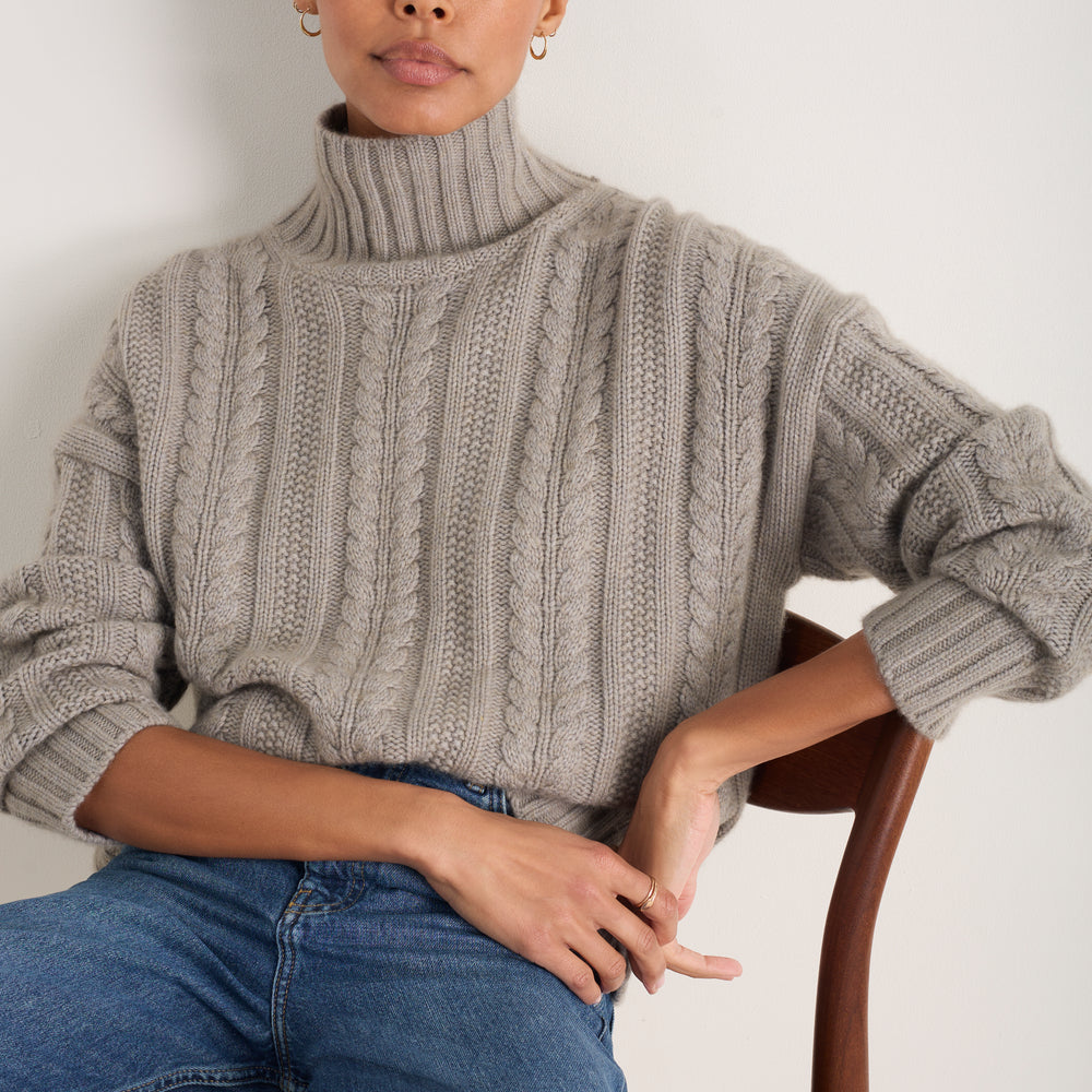 Liana Chunky Funnel Neck Jumper - Taupe Cable