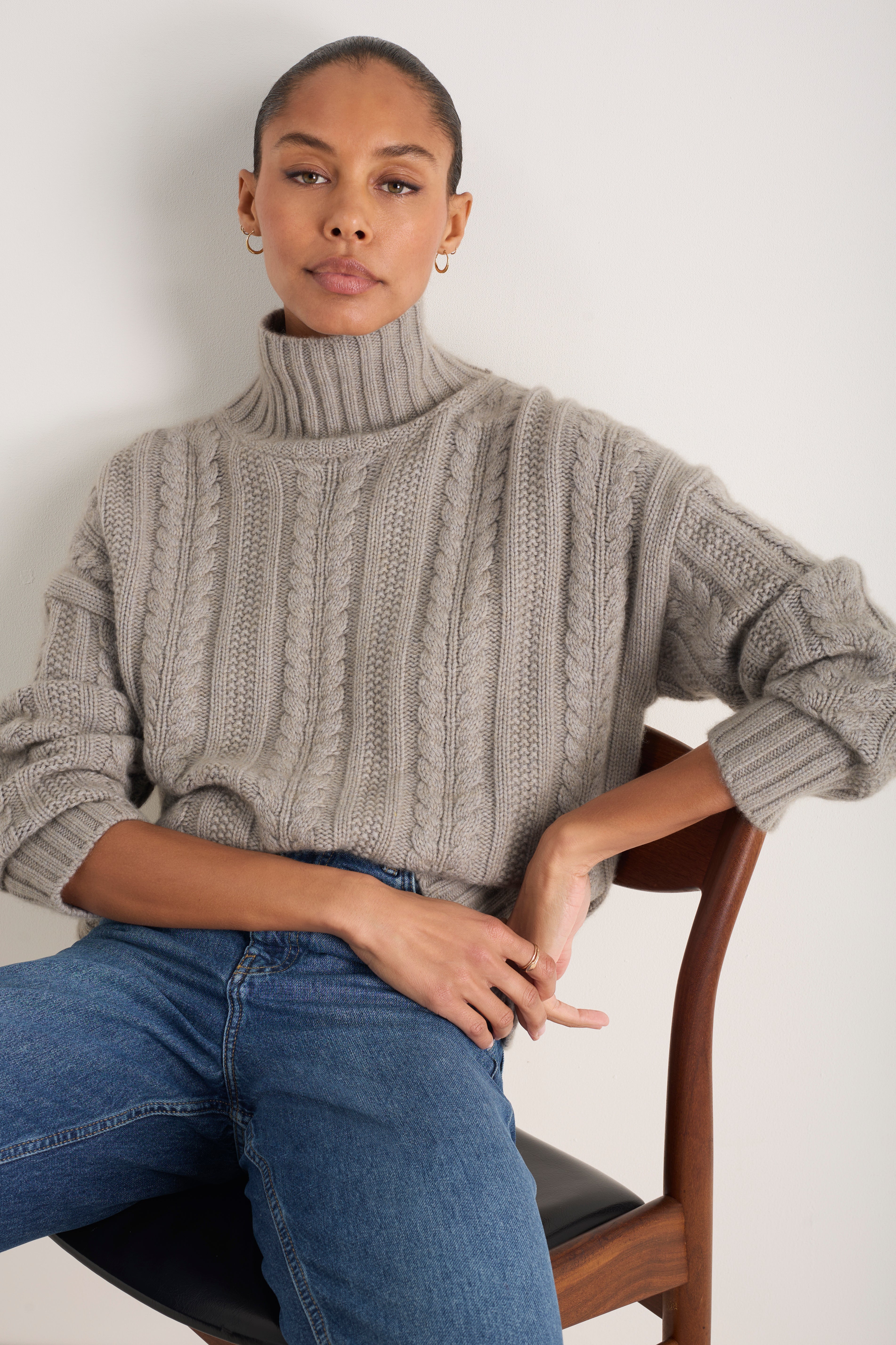 Liana Chunky Funnel Neck Jumper - Taupe Cable