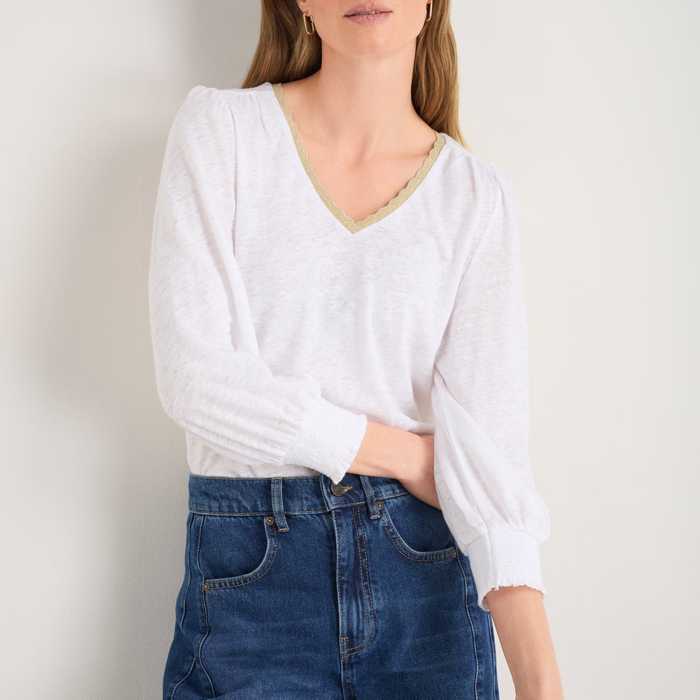 Lily Linen 3/4 V-Neck Top - White