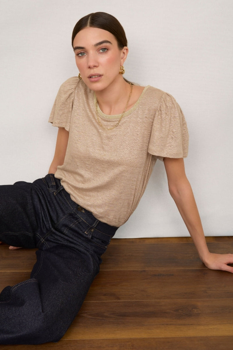 Lily Linen Round Neck Shimmer Tee Shirt - Oat/Gold