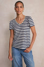 Lily Linen V-Neck Tee - Midnight/Ivory Stripe