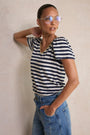 Lily Linen V-Neck Tee - Midnight/Ivory Stripe